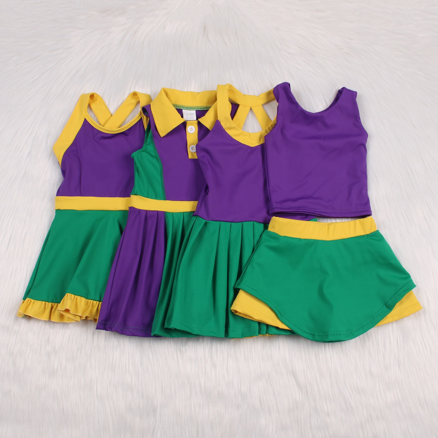 GSD1432 RTS Mardi Gras colored athletic skirt setsMardi Gras short sleeves girl skirt OUTFIT 202411