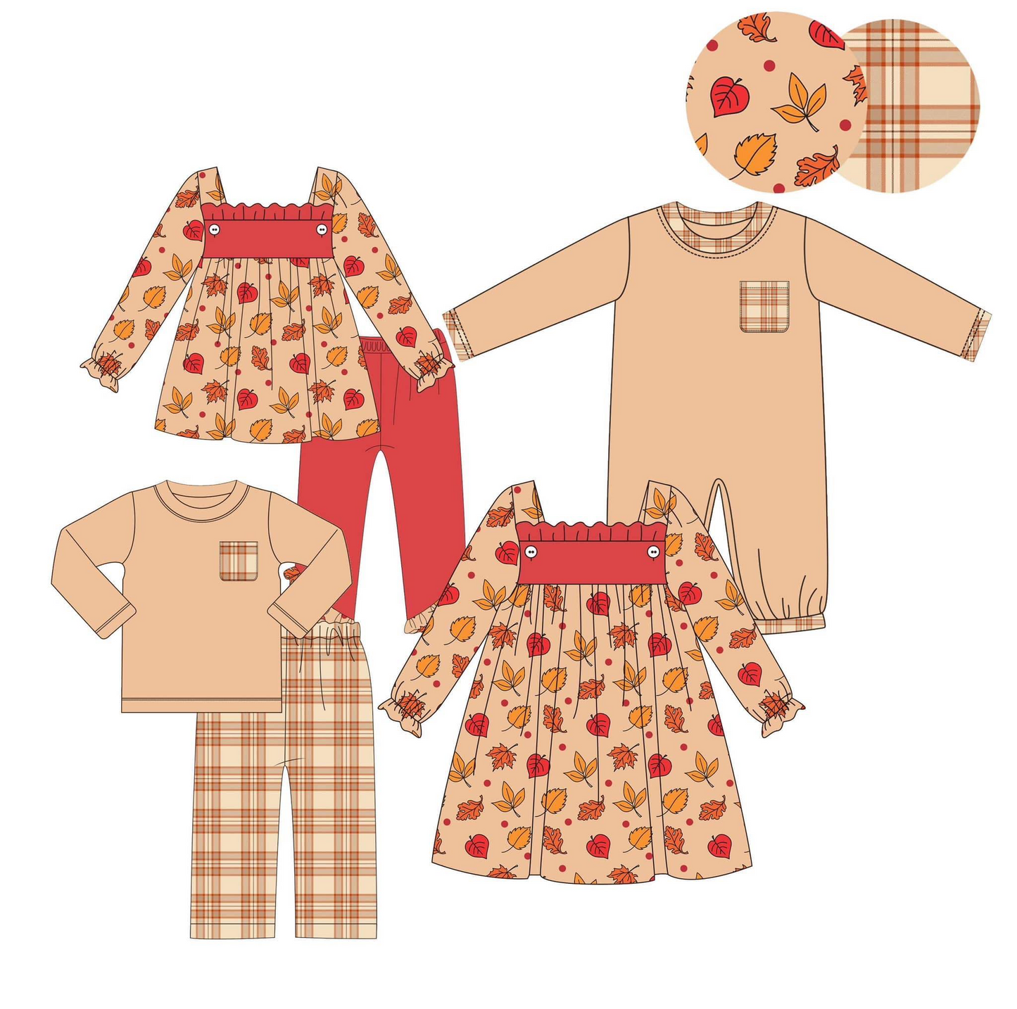 maple leaf sibling checkerboard plaid orange BLP0658 preorder western pajamas boy outfit 202407 sibling