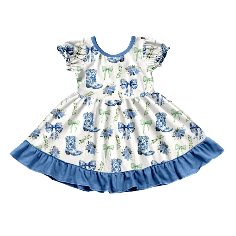 Preorder (moq 5) Baby Girl Clothes Blue Cowboy Boot Bow Floral Allover Print Short Sleeve Ruffle Twirl Dress