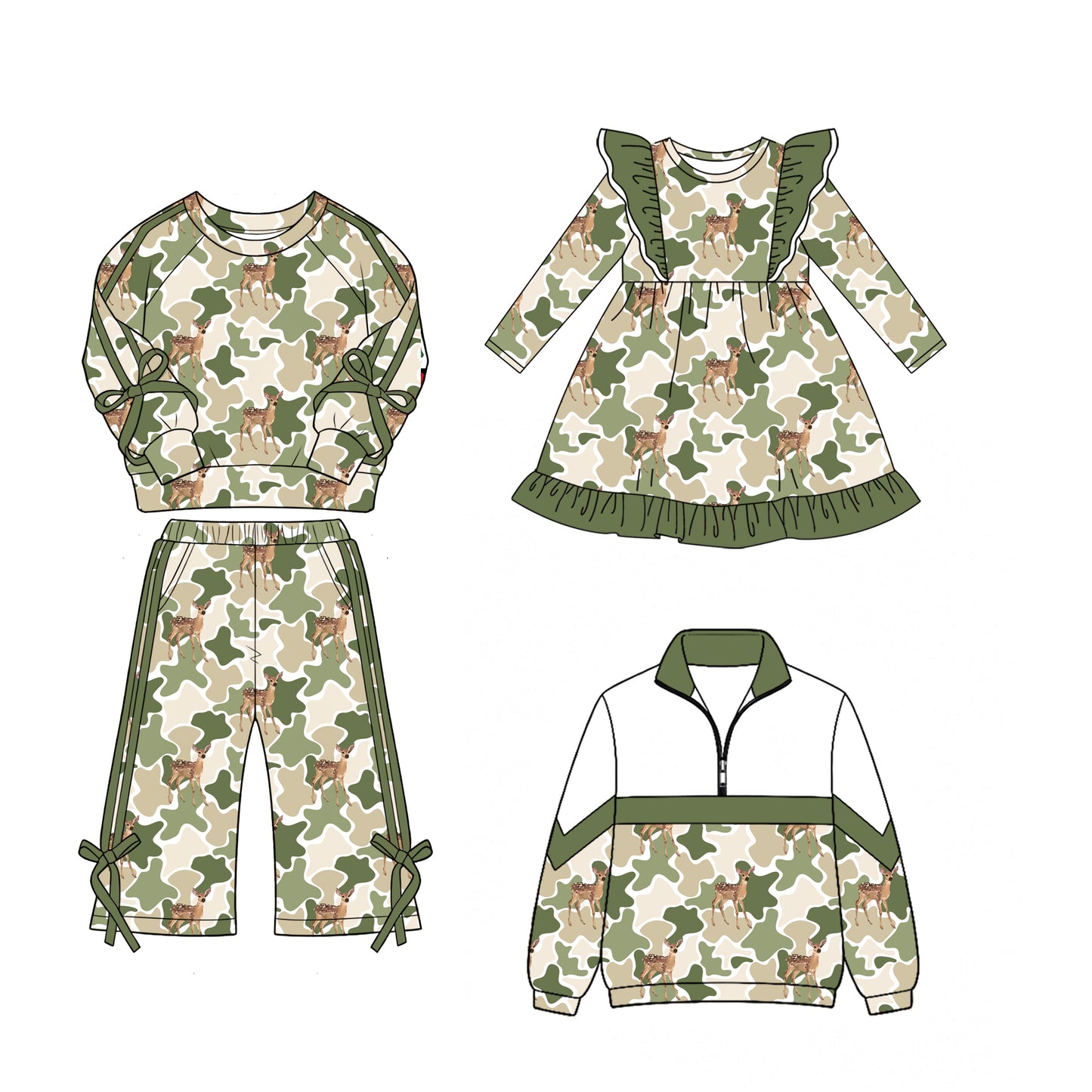 GLD1653 Green Ruffle Camo Deer Girls Long Sleeve Dress 20260627 preorder