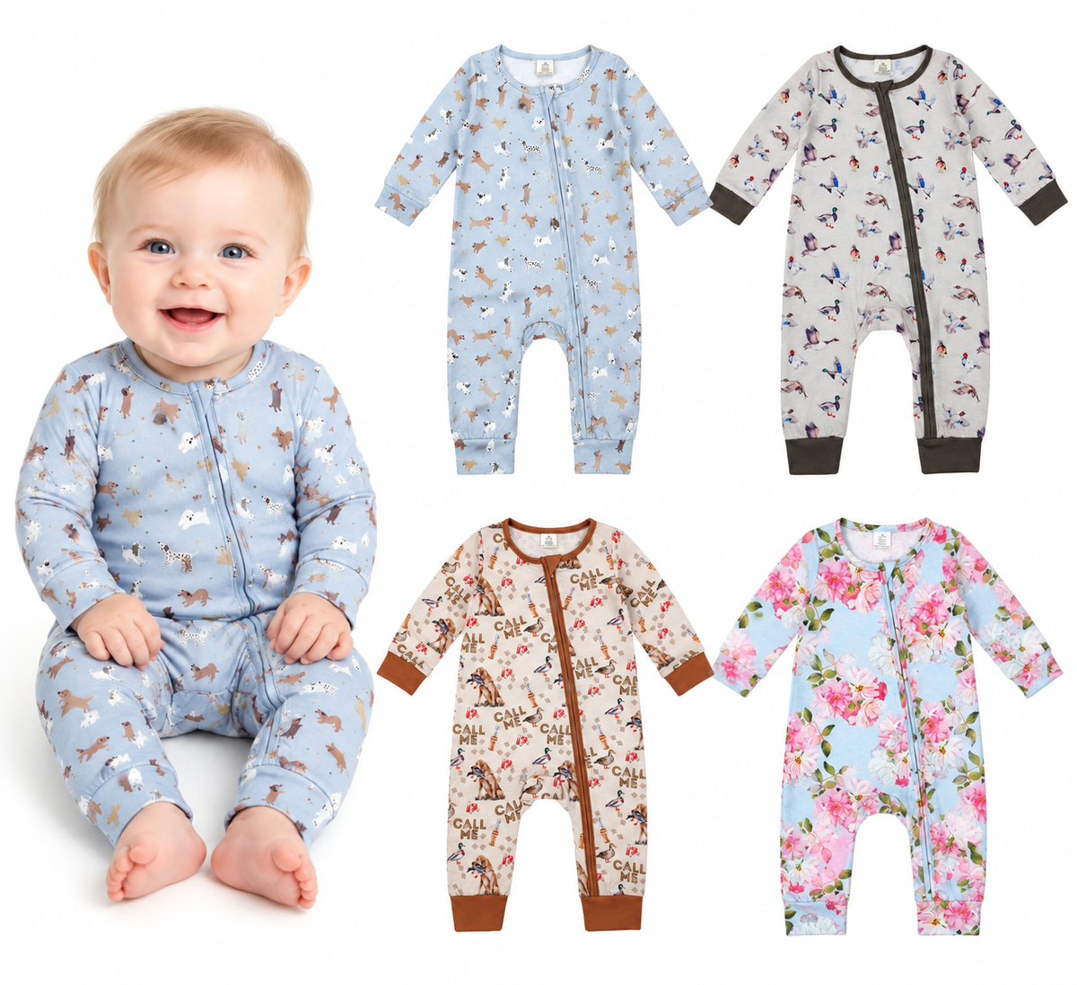 NO MOQ RTS LR1880 Baby Boy Clothes Mallard Duck Watercolor Print Long Sleeve Zipper Romper 202610