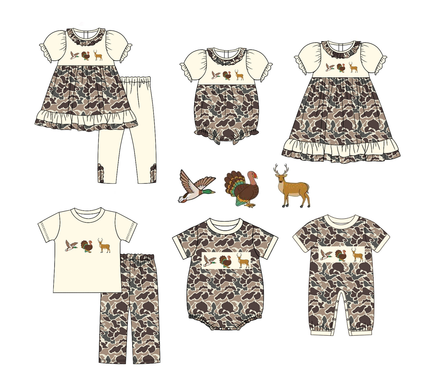 duck deer turkey camo embroidery sibling SR1901 boy romper 202408 RTS
