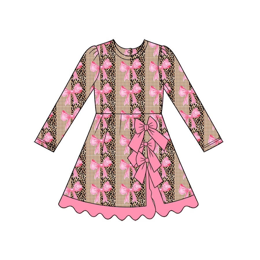 Preorder (moq 5) Baby Girl Clothes Leopard Gingham Pink Bow Mixed Print Long Sleeve A Line Dress