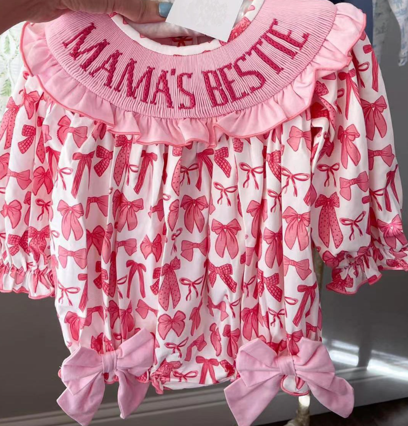 SR2620 smocked embroidery Valentine's Day bow girl romper 202501 sibling RTS