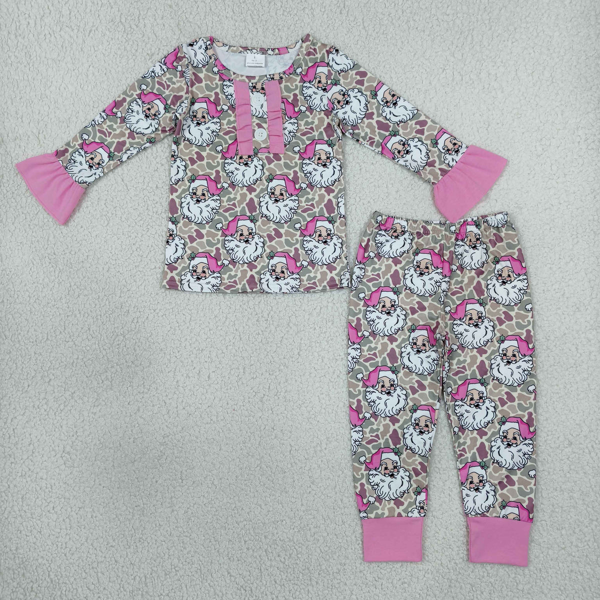 NO MOQ RTS GLP3734 Baby Girl Clothes Christmas Santa Camo Cartoon Print Long Sleeve Ruffle Cuff Pajama Set 202610