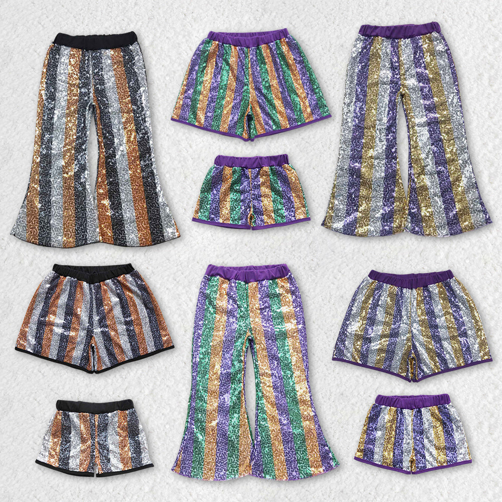 P0277 kids sequin Stripe Mardi Gras purple yellow green long bell pants RTS Free shipping order $100+
