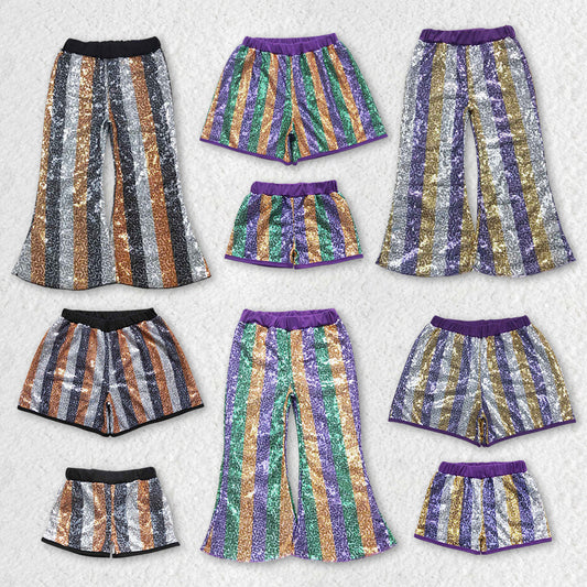 P0277 kids sequin Stripe Mardi Gras purple yellow green long bell pants  RTS Free shipping order $100+