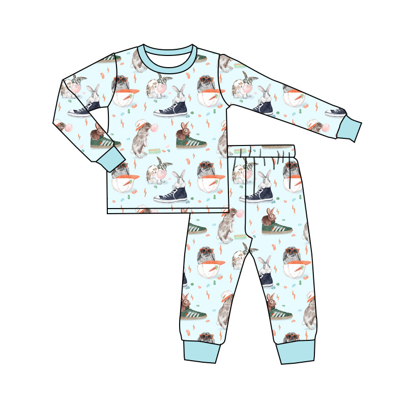 Preorder (moq 5) Baby Boy Clothes Cool Bunny Sneaker Mixed Print Long Sleeve Jogger Pajama Set