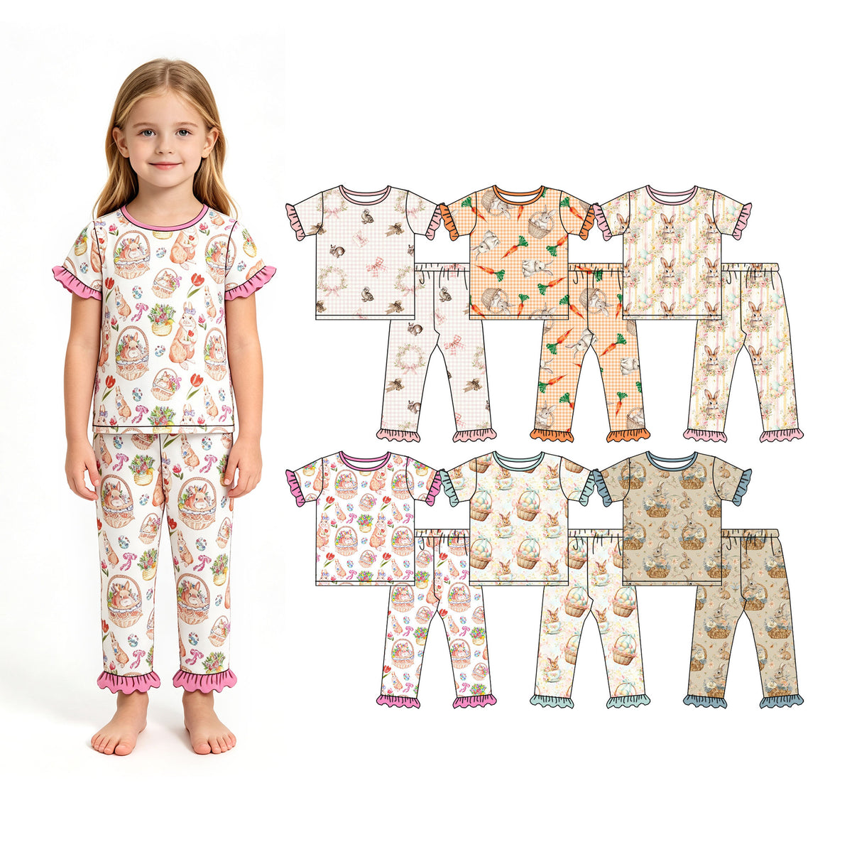 Preorder (moq 5) Baby Girl Clothes Easter Bunny Carrot Basket Gingham Print Short Sleeve Ruffle Tee Ruffle Pant Set