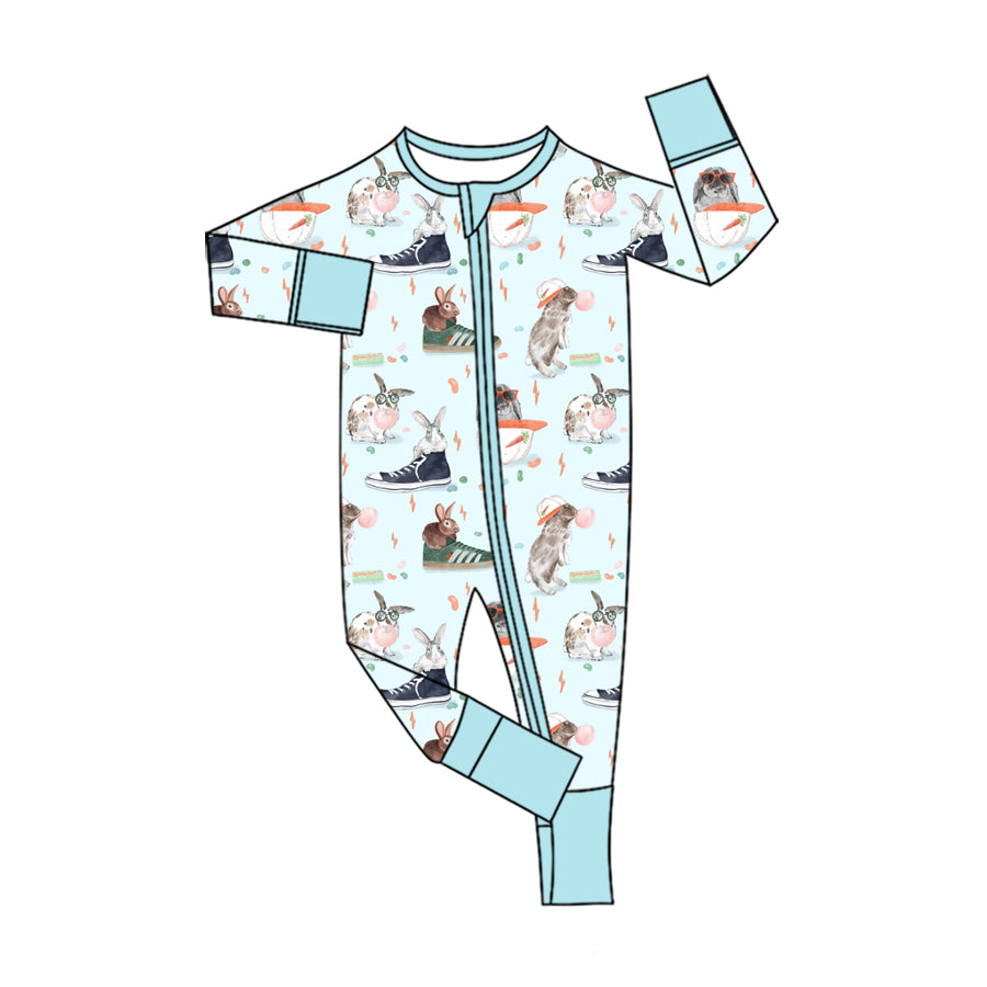 Preorder (moq 5) Baby Boy Clothes Cool Bunny Sneaker Mixed Print Long Sleeve Zip Romper Jumpsuit