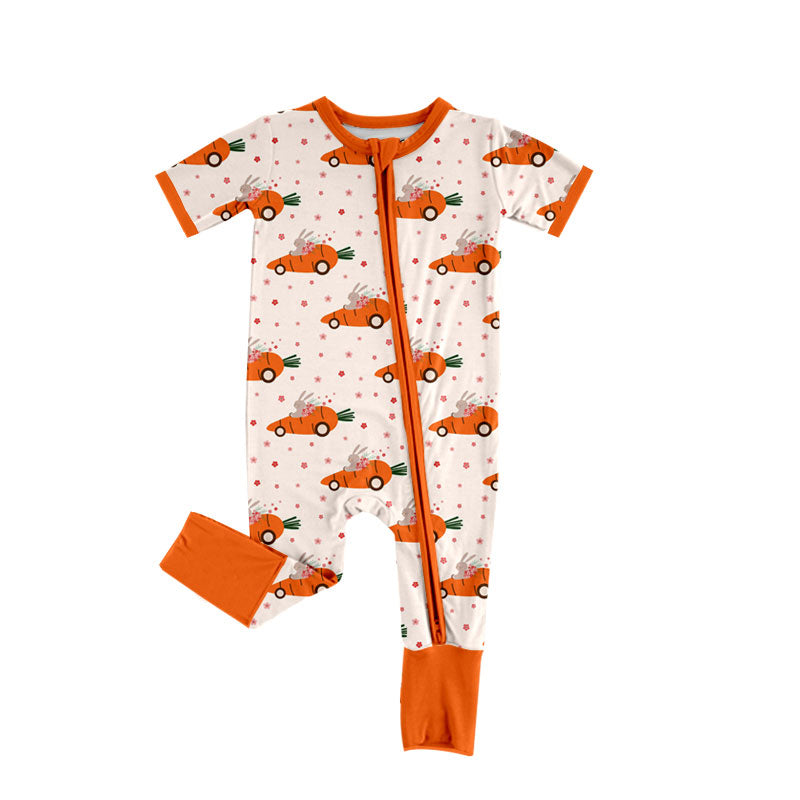 Preorder (moq 5) Baby Girl Clothes Easter Bunny Driving Carrot Car Allover Print Short Sleeve Zip Convertible Romper Jumpsuit
