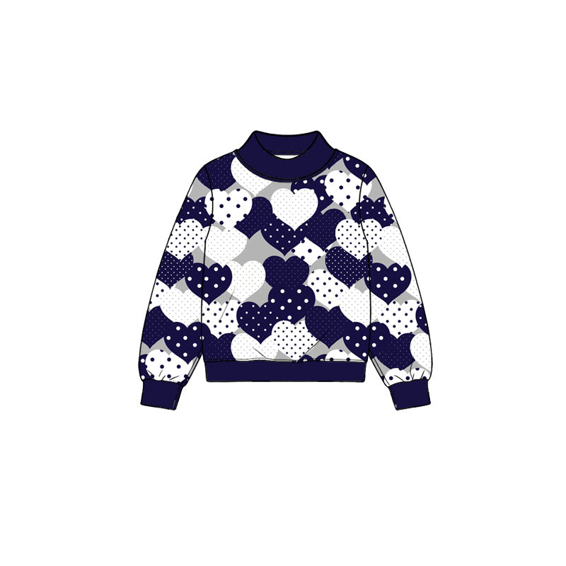 Preorder (moq 5) Baby Girl Clothes Navy White Polka Dot Heart Mixed Print Long Sleeve Mock Neck Top