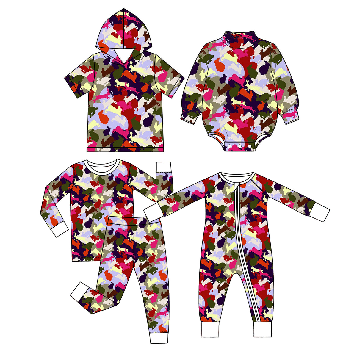 Preorder (moq 5) Baby Boy Clothes Easter Multicolor Bunny Camo Silhouette Print Long Sleeve Bubble Romper