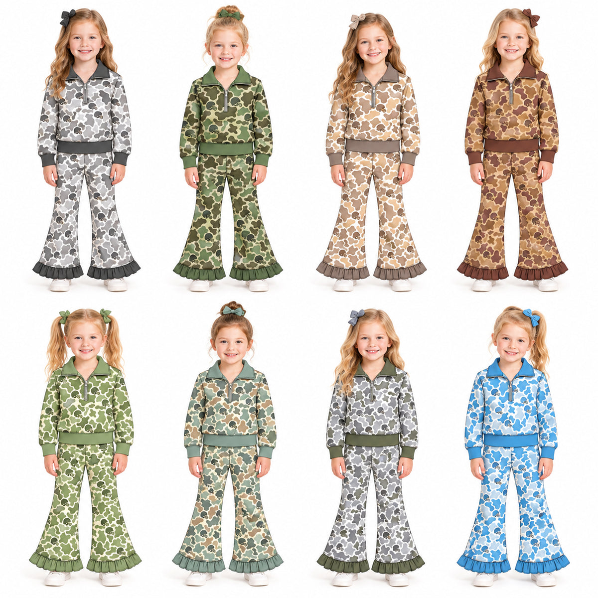 Preorder (moq 5) Baby Girl Clothes Khaki Cow Camo Football Helmet Print Long Sleeve Half Zip Top Ruffle Flare Pant Set