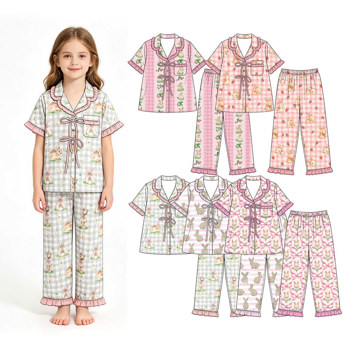 Preorder (moq 5) Baby Girl Clothes Easter Bunny Strawberry Gingham Print Short Sleeve Ruffle Pajama Set