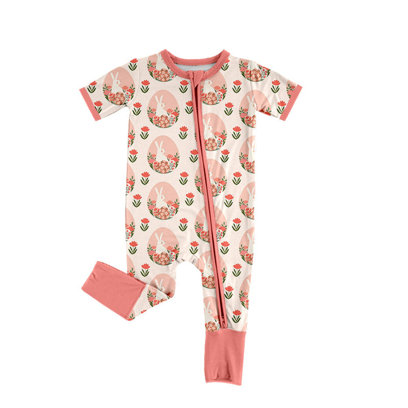 Preorder (moq 5) Baby Girl Clothes Floral Bunny Egg Wreath Allover Print Short Sleeve Zip Convertible Romper Jumpsuit