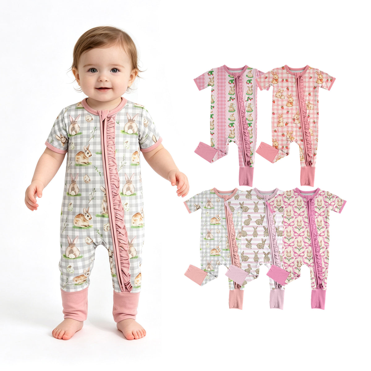 Preorder (moq 5) Baby Girl Clothes Easter Bunny Strawberry Gingham Print Short Sleeve Zipper Ruffle Romper