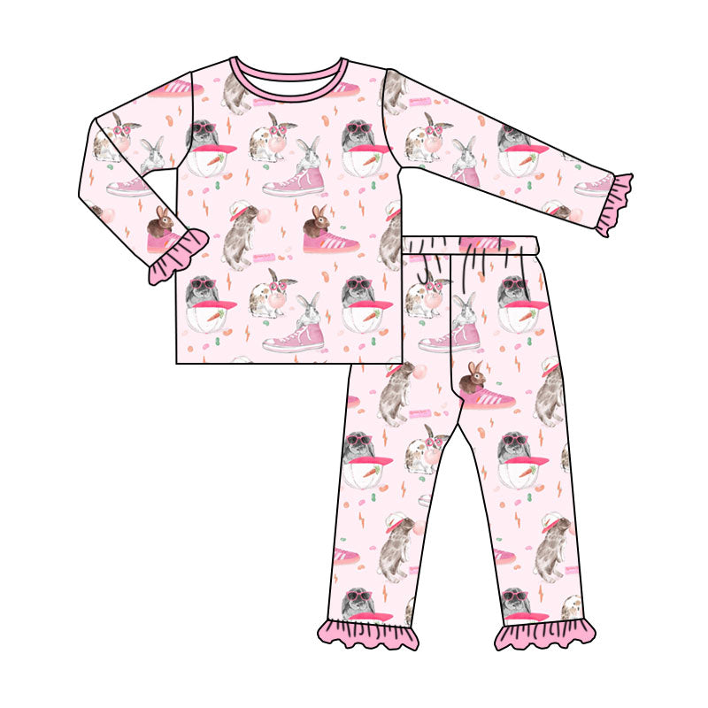 Preorder (moq 5) Baby Girl Clothes Cool Bunny Sneaker Mixed Print Long Sleeve Ruffle Jogger Pajama Set