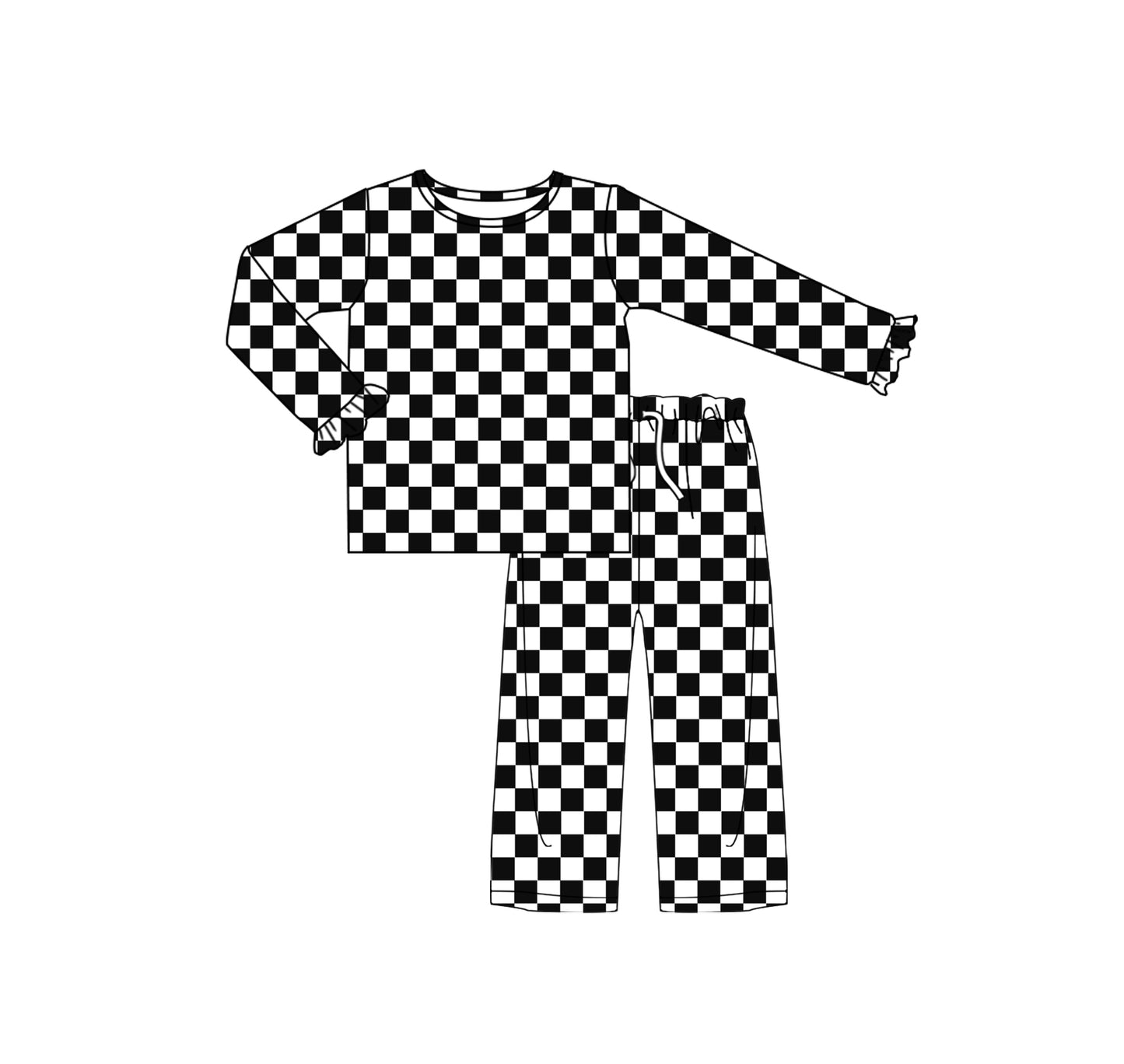 GLP2297组合 checkerboard ruffle black white girl outfit pajamas 202412 sibling set preorder