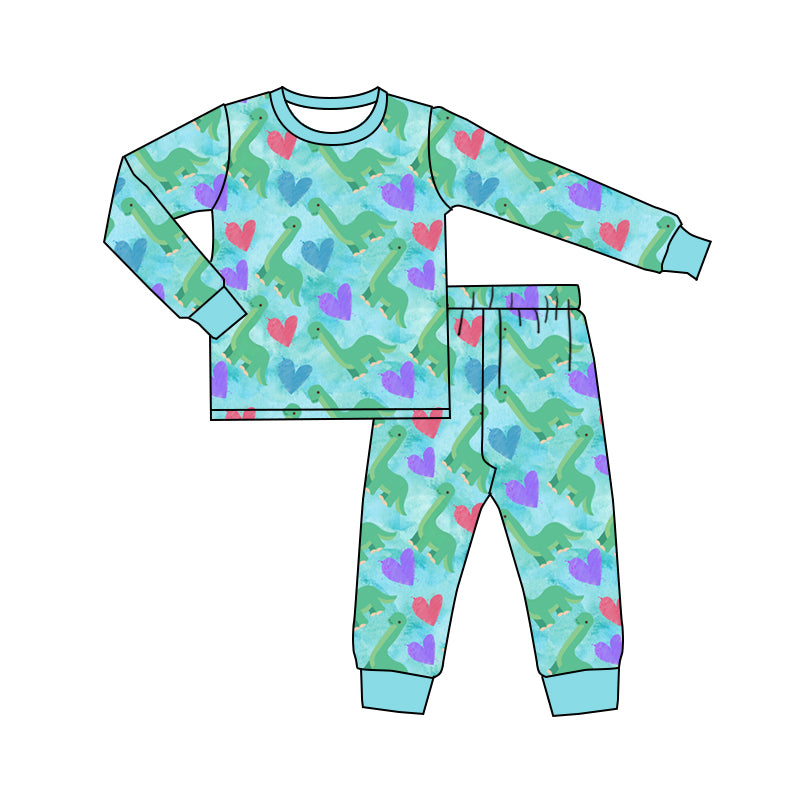 Preorder (moq 5) Baby Girl Clothes Dinosaur Heart Watercolor Print Long Sleeve Cuff Pajama Set