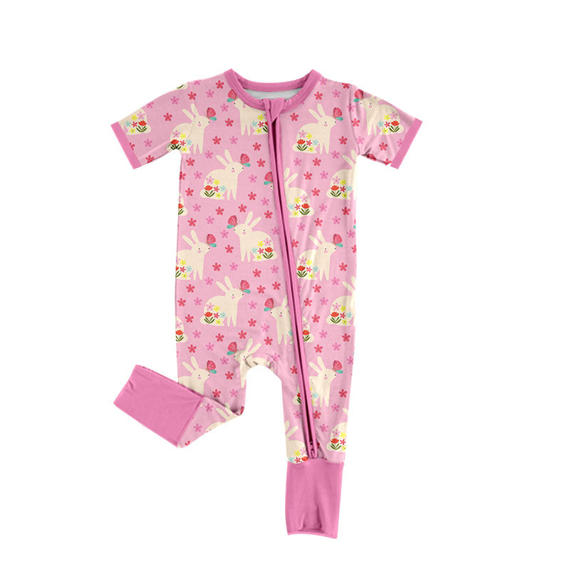 Preorder (moq 5) Baby Girl Clothes Pink Floral Easter Bunny Allover Print Short Sleeve Zip Convertible Romper Jumpsuit