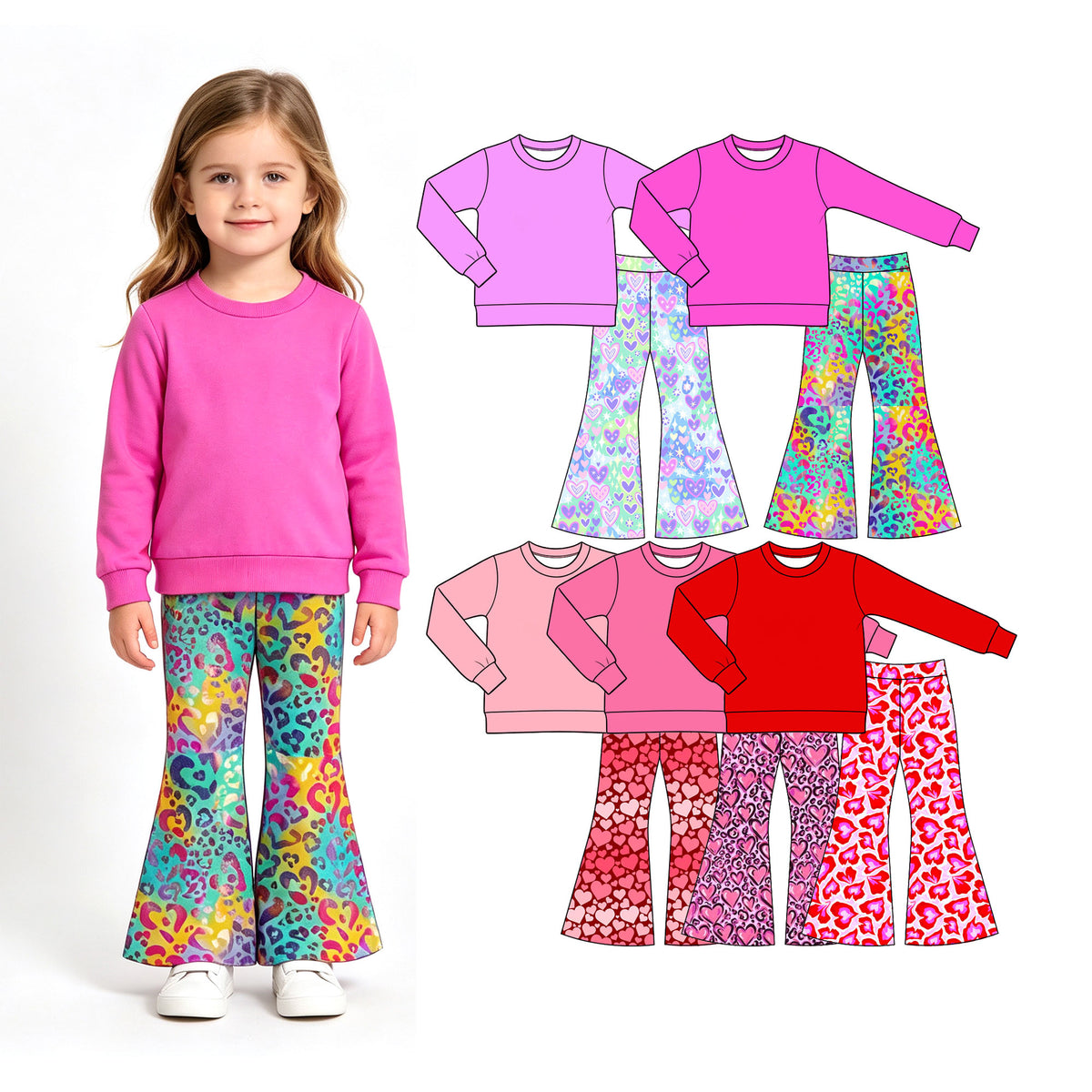 Preorder (moq 5) Baby Girl Clothes Pastel Heart Star Print Long Sleeve Top Flare Pant Set