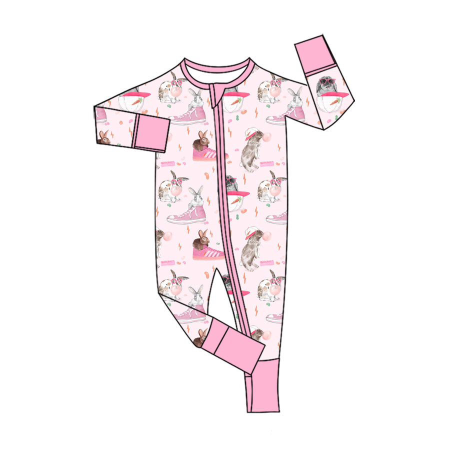 Preorder (moq 5) Baby Girl Clothes Cool Bunny Sneaker Mixed Print Long Sleeve Zip Romper Jumpsuit