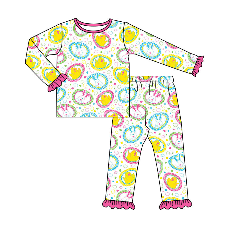 Preorder (moq 5) Baby Girl Clothes Easter Bunny Chick Circle Print Long Sleeve Ruffle Top Ruffle Pant Set