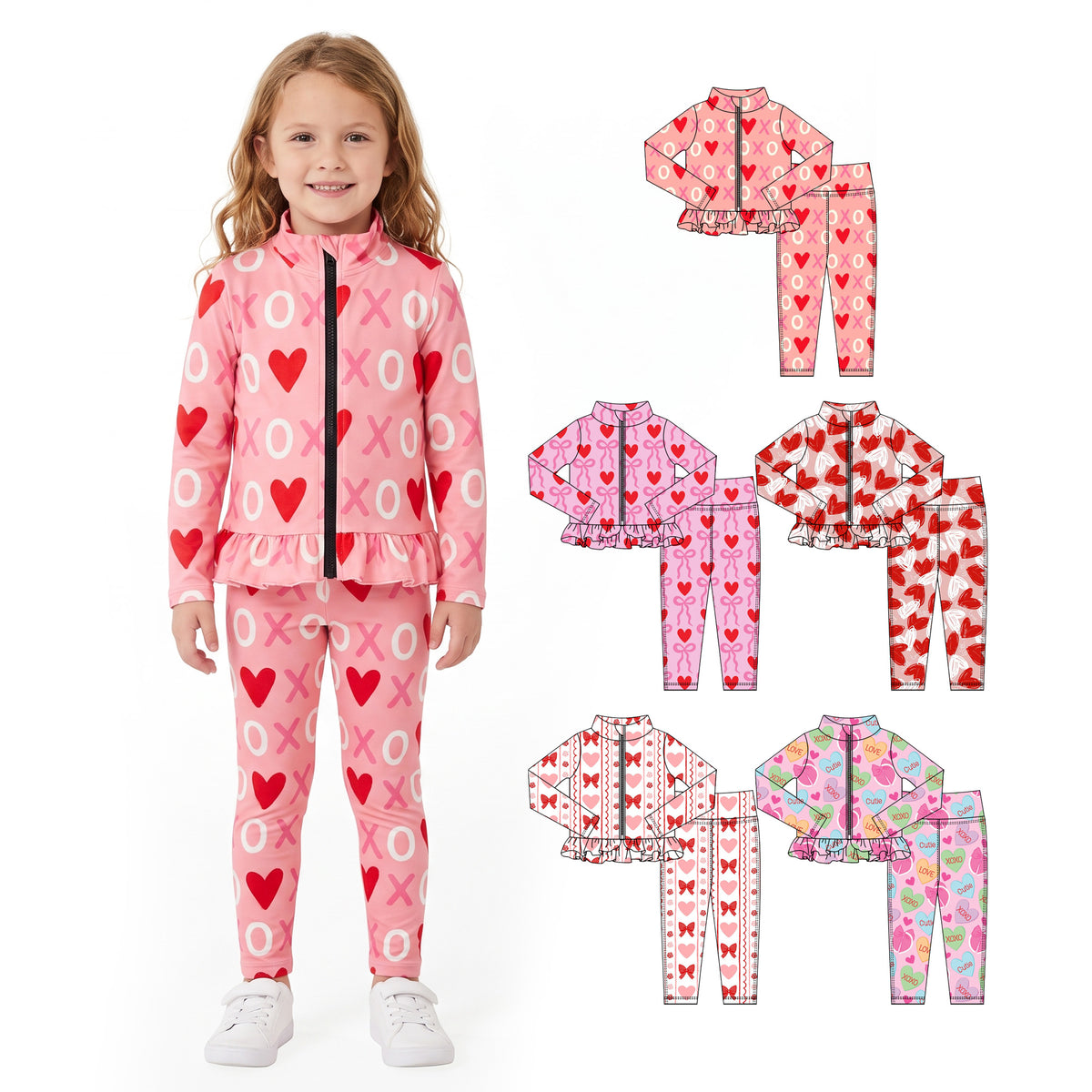 Preorder (moq 5) Baby Girl Clothes Valentine Heart Bow Print Long Sleeve Zipper Ruffle Rash Guard Set