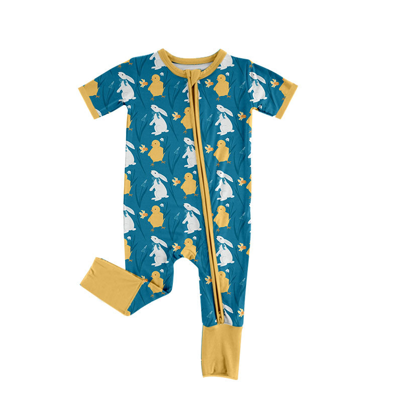 Preorder (moq 5) Baby Girl Clothes Bunny And Chick Spring Allover Print Short Sleeve Zip Convertible Romper Jumpsuit