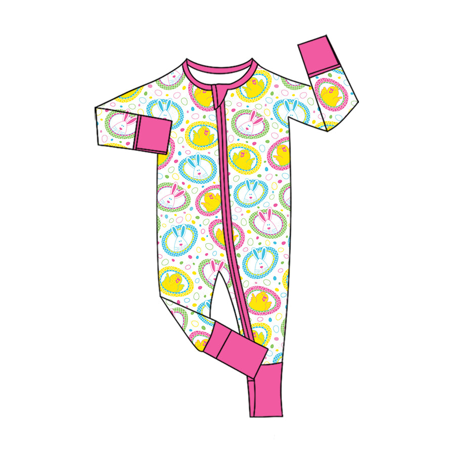 Preorder (moq 5) Baby Girl Clothes Easter Bunny Chick Circle Print Long Sleeve Zipper Romper