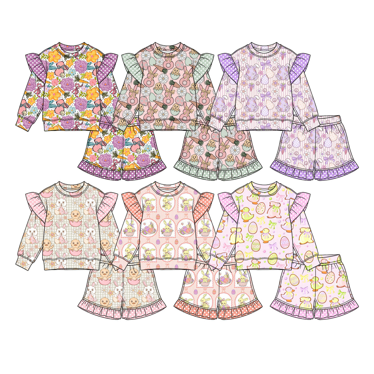 Preorder (moq 5) Baby Girl Clothes Easter Bunny Floral Carrot Print Long Sleeve Ruffle Top Ruffle Shorts Outfit Set