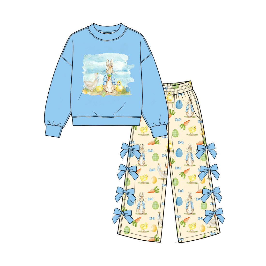 Preorder (moq 5) Baby Girl Clothes Easter Bunny Duck Chick Mixed Print Long Sleeve Sweatshirt Bow Pant Set