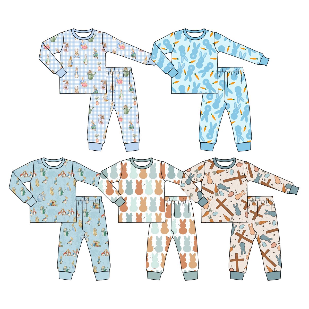 Preorder (moq 5) Baby Boy Clothes Easter Blue Gingham Rabbit Print Long Sleeve Pajama Set