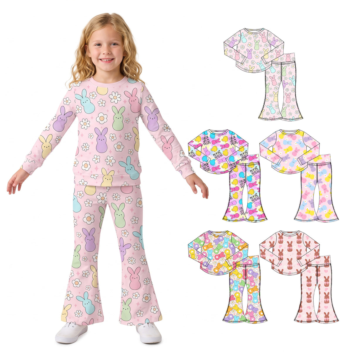 Preorder (moq 5) Baby Girl Clothes Easter Chocolate Bunny Bow Heart Print Long Sleeve Flare Pant Set
