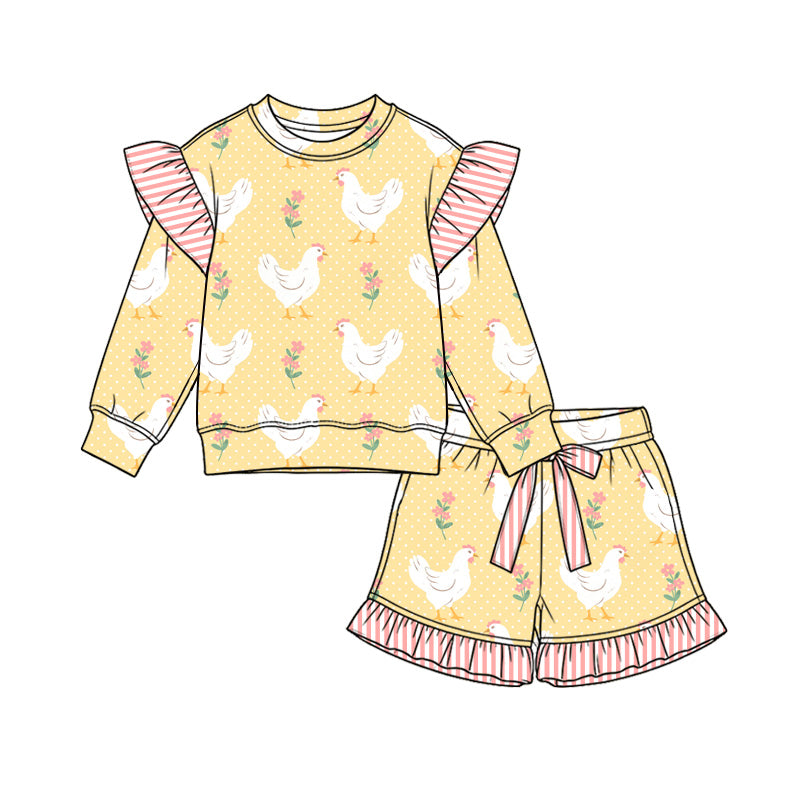 Preorder (moq 5) Baby Girl Clothes Farm Chicken Floral Dot Print Long Sleeve Stripe Ruffle Top Ruffle Short Set