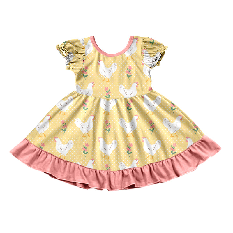 Preorder (moq 5) Baby Girl Clothes Farm Chicken Floral Dot Print Short Sleeve Ruffle Twirl Dress