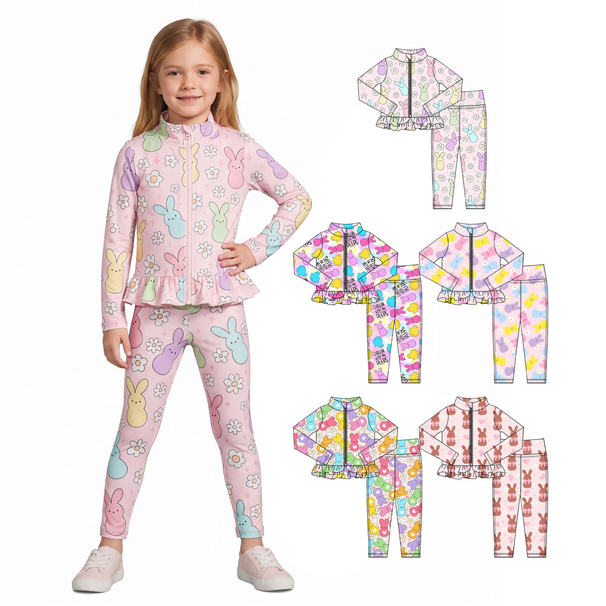 Preorder (moq 5) Baby Girl Clothes Easter Chocolate Bunny Bow Heart Print Long Sleeve Zipper Ruffle Rash Guard Set
