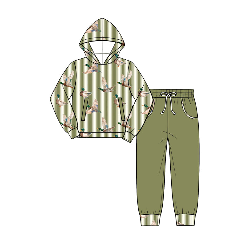Preorder (moq 5) Baby Boy Clothes Mallard Duck Stripe Print Long Sleeve Hooded Top Solid Pant Outfit Set