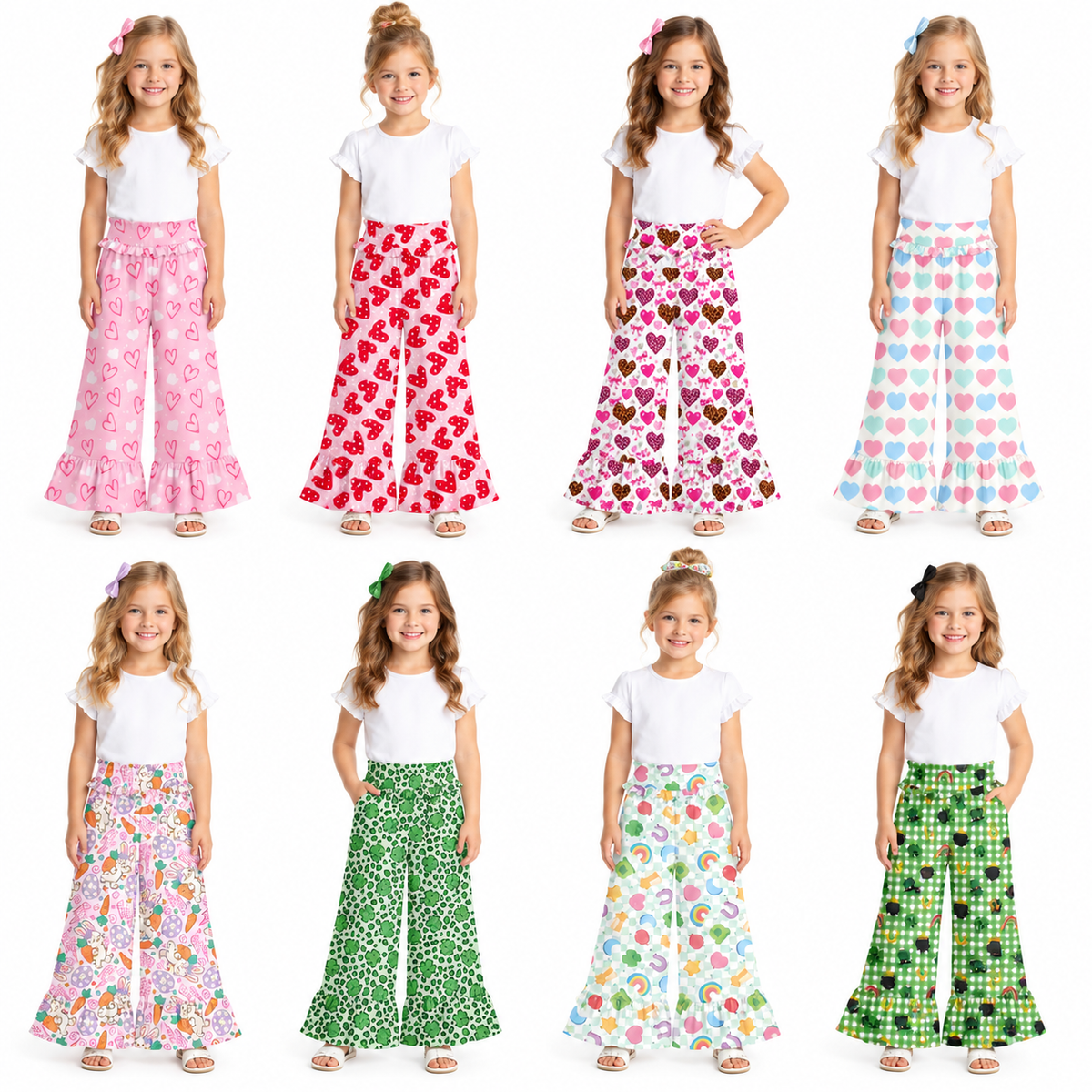 Preorder (moq 5) Baby Girl Clothes St Patricks Gnome Hat Pot Gold Check Print Ruffle High Waist Flare Pant