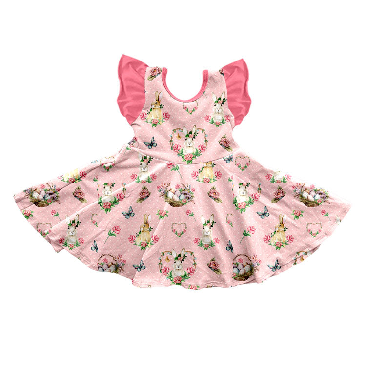Preorder (moq 5) Baby Girl Clothes Easter Bunny Floral Butterfly Mixed Print Flutter Sleeve Twirl Dress
