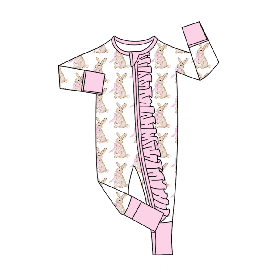 Preorder (moq 5) Baby Girl Clothes Pink Bow Bunny Allover Print Long Sleeve Ruffle Zip Romper Jumpsuit