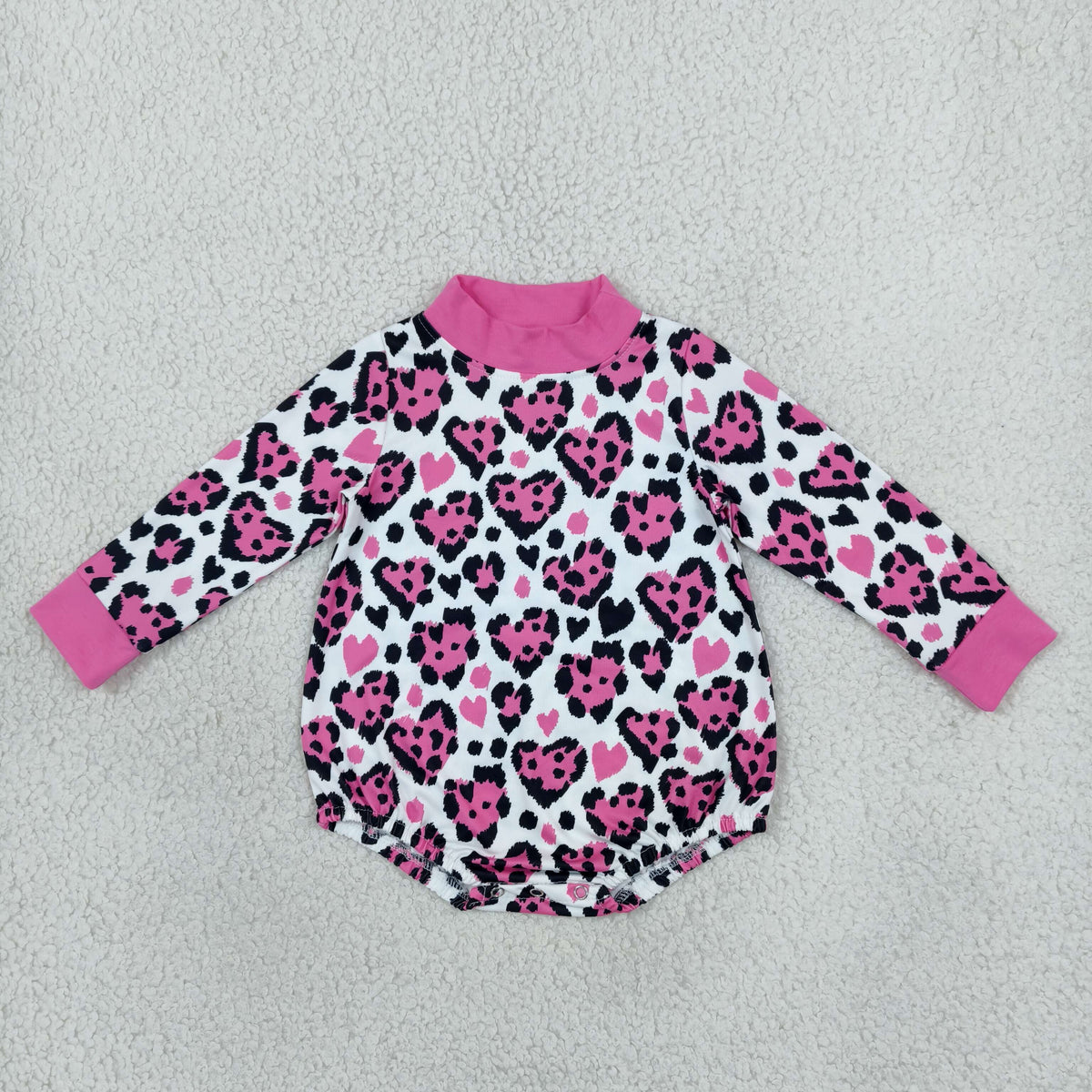 NO MOQ RTS LR3332 Baby Girl Clothes Pink Heart Leopard Mixed Print Long Sleeve Mock Neck Bubble Romper 202610