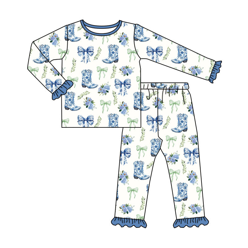 Preorder (moq 5) Baby Girl Clothes Cowboy Boot Bow Floral Allover Print Long Sleeve Ruffle Cuff Pajama Set