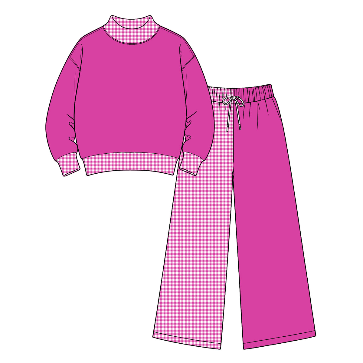 Preorder (moq 5) Baby Girl Clothes Fuchsia Solid Gingham Patchwork Print Long Sleeve Wide Leg Pant Set