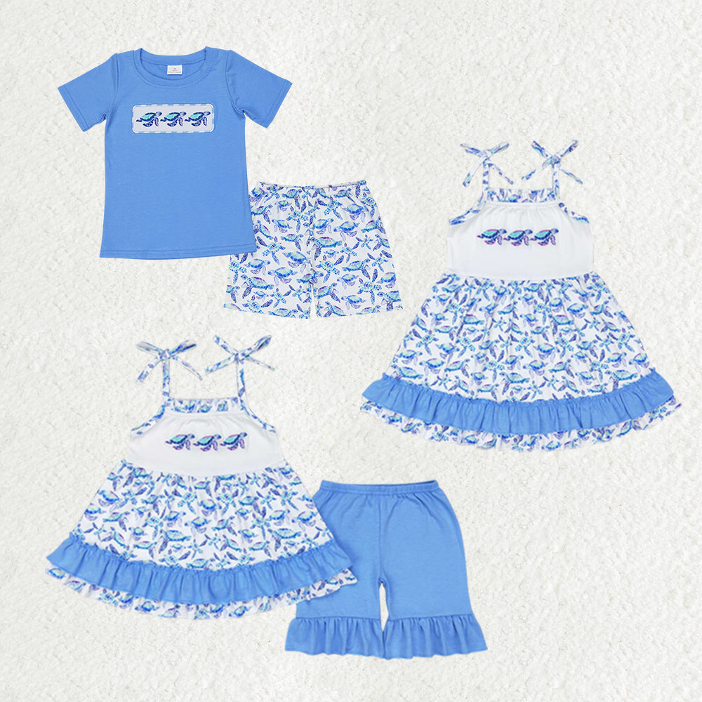 GSD1233 Embroidery turtle girl short sleeves girl dress 202405 rts sibling