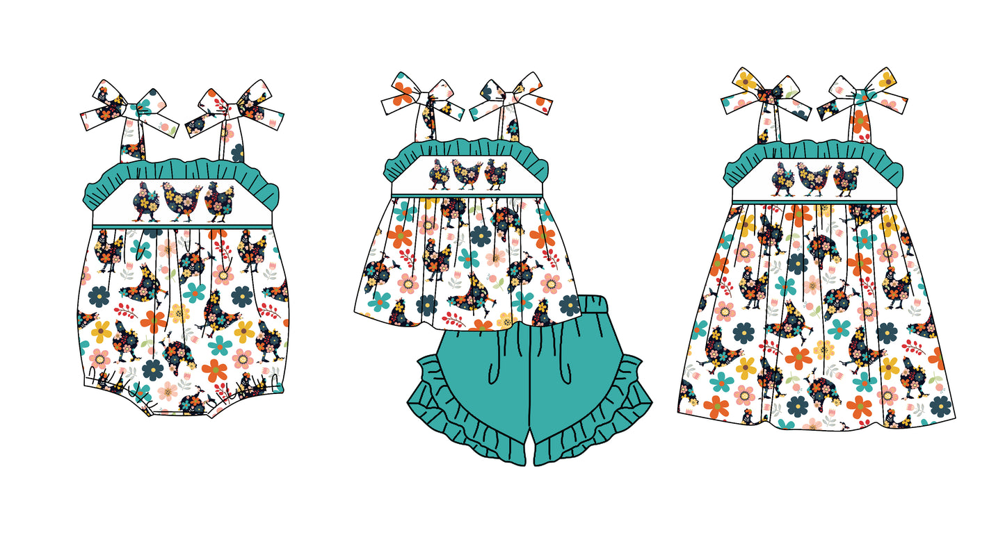SR2671 chicken flowers western girl summer romper 202501 preorder