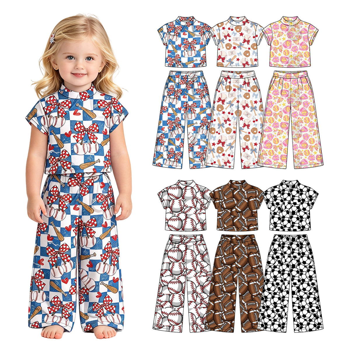 Preorder (moq 5) Baby Girl Clothes Football Allover Print Short Sleeve Crop Top Wide Leg Pant Set