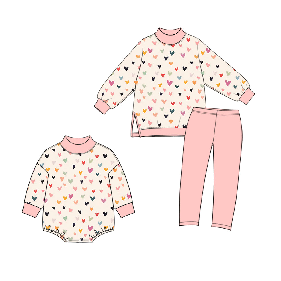 Preorder (moq 5) GLP4073 Baby Girl Clothes Tiny Heart Dot Print Long Sleeve Yoga Top Solid Pink Yoga Pant Set