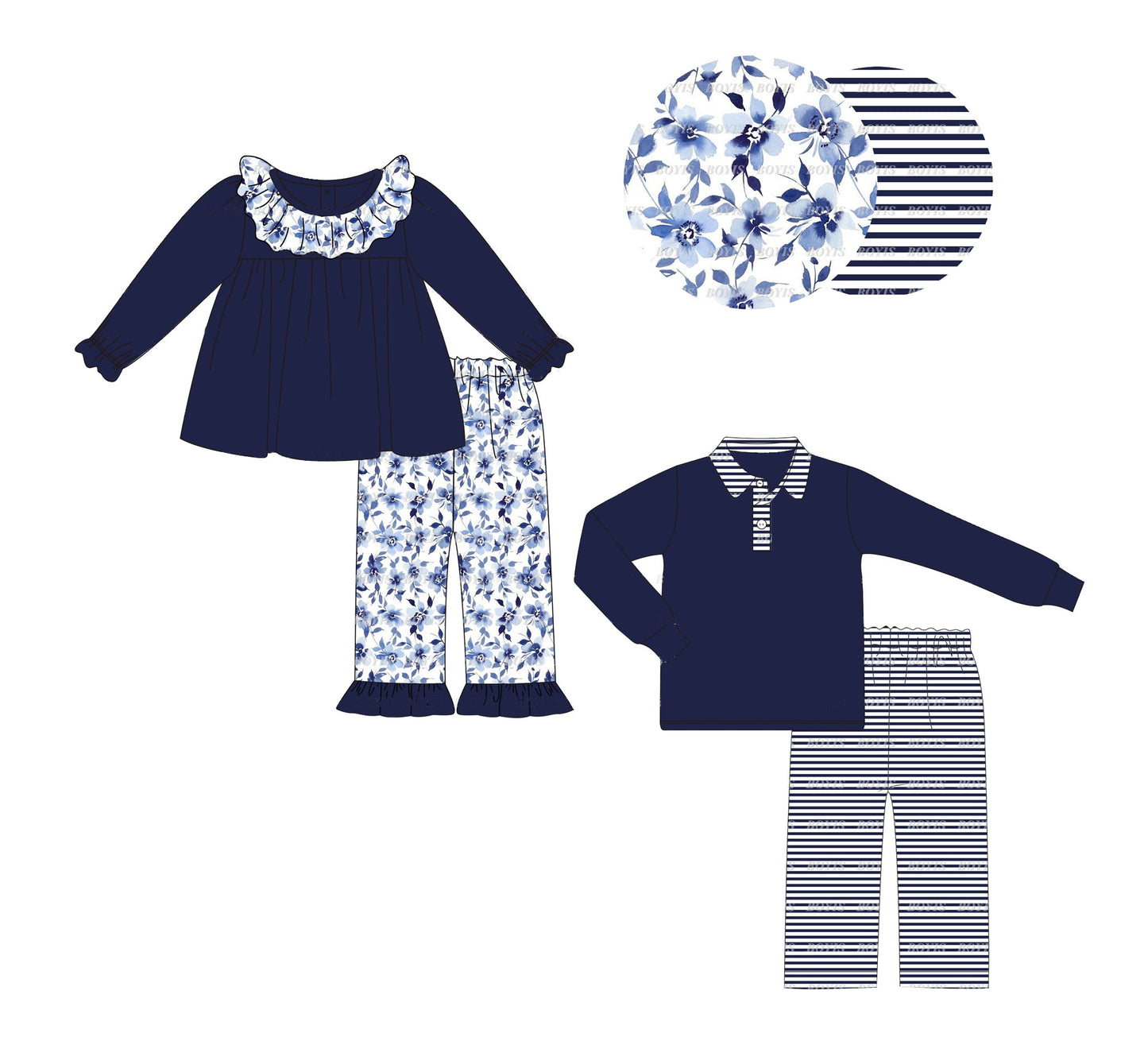 GLP1870 solid cotton blue flowers long sleeve girl outfit 202408 sibling preorder